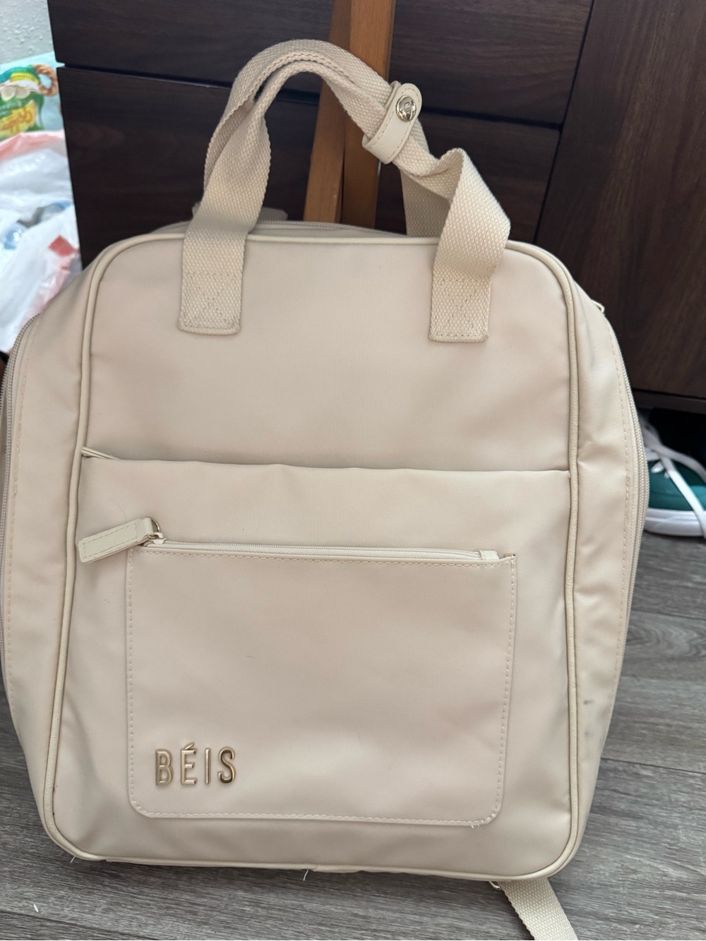 BEIS Cream Laptop Backpack with Front Pocket and Gold Logo - Picture 2 of 9